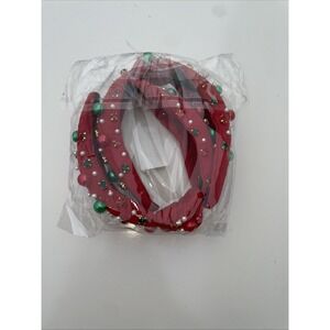 Christmas Headband for Women,Pearl Rhinestone Crystal Jeweled Hairband, Red X2